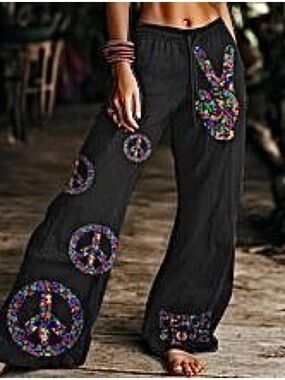 Black Printed Peace Sign Wide-Leg Pants. Size L. NWT.
